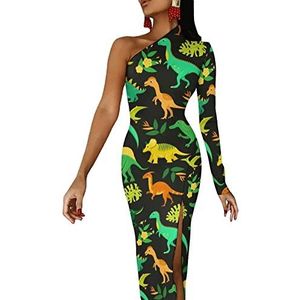 Cartoon dinosaurussen en tropische palm vrouwen halve mouw jurk avondfeest lange jurken cocktail split bodycon jurk L