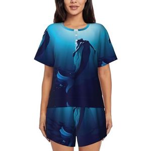 JIAWUJYNB Blauwe zeemeerminprint dames pyjama met korte mouwen - comfortabele korte sets, mouwen nachtkleding met zakken, Zwart, L