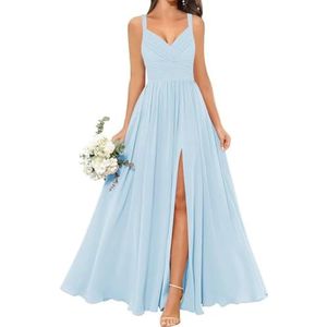 WSEYU Chiffon bruidsmeisjesjurk voor dames, met split, galajurken, plooien, cocktailjurk, grote maten, Lichtblauw, 32