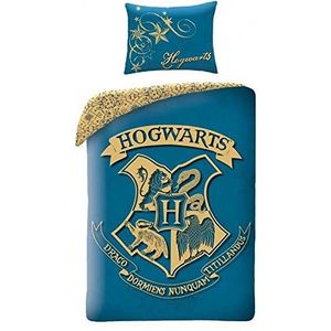 Harry Potter Dekbedovertrek- Katoen- 1persoons- 140x200- Dekbed Hogwarts Logo -Blauw