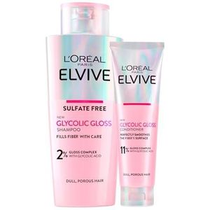 L'Oréal Paris Elvive Glycolic Gloss 200ml Shampoo + 150ml Conditioner met Glycolzuur voor poreus en dof haar - 2 Flessen