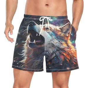 Space Howling Wolf Animal Zwembroek voor heren, sneldrogend, met zakken, Leuke mode, L