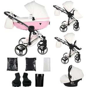Junama Kinderwagen Candy White 2in1 3in1 4in1 (01 - wit en roze, 3in1 met autostoel)