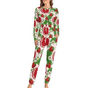 Aardbeien Guave Bloemen Zachte Dames Pyjama Lange Mouw Warm Fit Pyjama Loungewear Sets met Zakken XS
