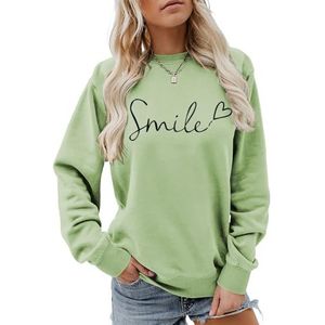 MLZHAN Smile Love Heart Print Vrouwen Sweatshirt Ronde Hals Lange Mouw Truien Herfst Winter Streetwear Causale Jas Tops, Olijfgroen, S