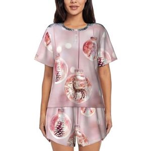 YQxwJL Roze Kerst Bal Print Vrouwen Pyjama Sets Shorts Korte Mouw Lounge Sets Nachtkleding Casual Pjs Met Zakken, Zwart, 3XL