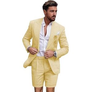 Leader of The Beauty Linnen pakken voor mannen, 2 stuks slim fit smoking blazer korte broek voor zomer bruiloft vrijetijdskleding, Geel, 46