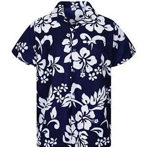 V.H.O. Hawaïhemd standaard fit heren korte mouwen voorzak funky bloemen bloemen hibiscus unisex, Hibiscus Navy Blauw, M