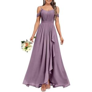 HPPEE Dames V-hals koude schouder bruidsmeisjes jurken met split ruches chiffon formele avondjurk, Wisteria, 32
