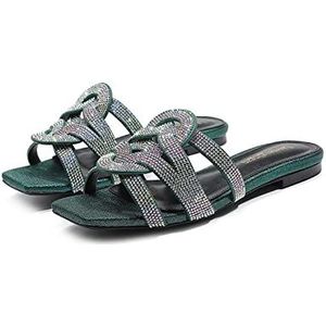 Zomer steentjes en leren schoenen sandalen for dames plat met comfortabele wandeling strandvakantie pantoffelsandalen(Dark green,46EU)