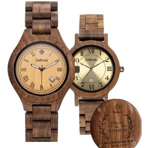 Zeitholz Houten horloges voor koppels, aanpasbaar houten horloge, geschenken, analoog horloge, Zittau 44mm & Wolkenstein Walnoot 36mm, 100% natuurlijk hout, Japans quartz uurwerk., Walnoot Hout