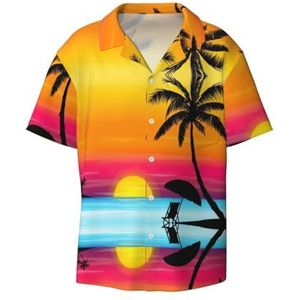 Zonsondergang Palmboom Print Heren Jurk Shirts Atletische Slim Fit Korte Mouw Casual Business Button Down Shirt, Zwart, L