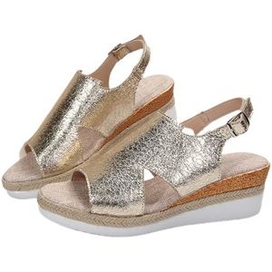 2024 Nieuwe Zomer Sandalen Dames Retro Espadrille Sleehak Sandalen Vrijetijdsstrandschoenen PU-leer Peep Toe Sandalen Met Gesp Bruids Hoge Hakken Avondschoenen (Color : Gold, Size : 42 EU)