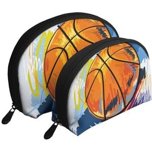 Make-uptas, cosmetische reistas 2 stuks draagbare clutch zakje set zakje organizer basketbal kleurrijke achtergrond bedrukt, zoals afgebeeld, Eén maat