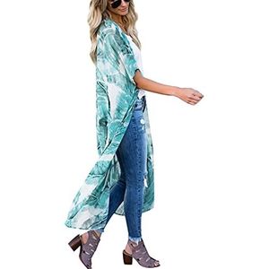Fansu Womens Lange Chiffon Strand Cover Up, Tropische Planten Vest Blouse Plus Size Zomer Open Front Kimono Vest Losse Sjaal Casual Beachwear voor Dames - blauw - L