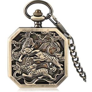 Handgemaakt Steampunk Bronze Tigers Mechanische Hand Windende Zakhorloge Holle Transparante Vintage Handmatige Mechaniek Pocket Klok Verjaardagscadeau (Color : Bronze)