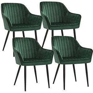 SONGMICS Eetkamerstoel, set van 4, fauteuil, loungestoel, met armleuning, bekleding van fluweel, zitbreedte 49 cm, belastbaar tot 110 kg, metalen poten, voor de eetkamer, groen-zwart LDC087C01-4