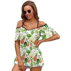 Aquarel Avocado Broccoli Ananas Vrouwen Blouse Koude Schouder Korte Mouw Jurk Tops T-shirts Casual Tee Shirt M