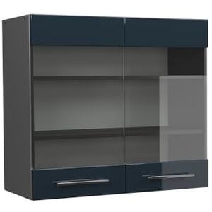 Vicco Glazen keukenkast ""Fame-Line"", Donkerblauw hoogglans/Antraciet, 80 cm