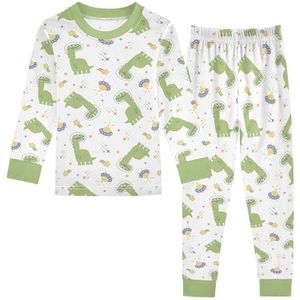 LI ZHI XIN Katoenen Paj-set voor kinderen, jongens, meisjes, nachtkleding set, kinderen, lange mouwen, Paj-set, 2-delige homewear, nachtkleding voor leeftijd 1-8 jaar, groen dinosauruspatroon