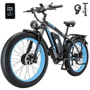 Kinsella K800 dubbele motor 26 inch dikke banden mountainbike elektrische fiets heeft: 23 Ah (lithiumbatterij), 4 kleuropties, 21 snelheden, kleurenweergave. (Zwart-blauw))