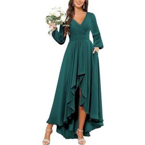 KURFACE Bruidsmeisjesjurken met lange mouwen voor vrouwen met zakken geplooide chiffon formele avondjurk feestjurk, Turkoois, 54 grote maten