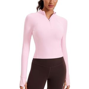 CRZ YOGA Vrouwen Butterleuse 1/2 Rits Lange Mouw Shirt Sport Pullover Crop Tops Fitness Gym Running Sweatshirt met Duimgat Roze pioen M