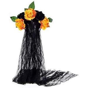 Halloween Veil Hoofdband, 90 cm Gothic Bridal Veil Day of The Dead Hoofdband voor Vrouwen en Meisjes Cosplay Maskerade Zwart+Oranje