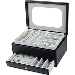 Sieradendoos Sieradenorganizer PU Lederen Sieraden Organizer Box Met Spiegel En 3 Verwijderbare Rollen, Rhombus Design Sieradenkoffer Voor Dames Meisjes. Juwelendoos Sieradendoosje (Color : B, Size