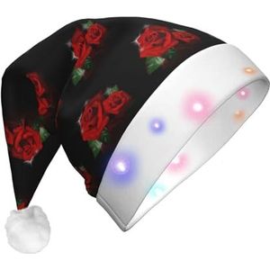 ZaKhs Rode Rozen Print Santa Hat Led Light Up Christmas Hat Plush Xmas Hat For New Year Party