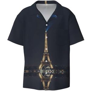TyEdee Tower in Paris at Night Print Overhemden met korte mouwen voor heren, met zak, casual overhemd met knopen, zakelijk overhemd, Zwart, L
