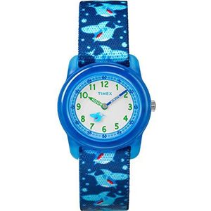 Timex Jongens Time Machines Analoge Elastische Stof Band Horloge, Blauwe haaien, One Size, riem