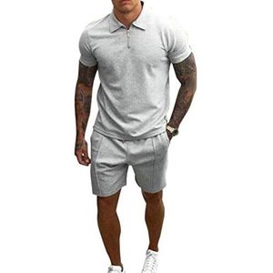 Mannen Casual korte mouwen slanke shorts pak heren tweedelig pak, revers effen kleur top + pocket shorts, Grijs 2, L