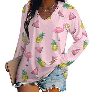 Tropisch fruit en flamingo nieuwigheid dames blouse tops V-hals tuniek t-shirt voor legging lange mouw casual trui