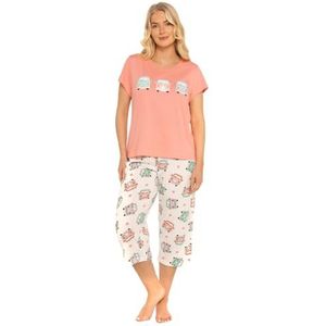Dames 100% katoenen jersey korte mouwen bijgesneden been dier, vlinder, beer en hart ontwerp pyjama, Koraal Camper, 42-44
