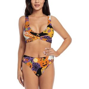 Zelinge Dames bikinisets sportief 2-delig badpak hoog getailleerd badpak S-XXL, Halloween Vleermuizen Pompoenen Snoep, S