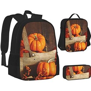 BTCOWZRV 3 Pack Canvas herfst pompoen rugzak, schouder reistas voor vrouwen mannen, met lunchbox potlood etui