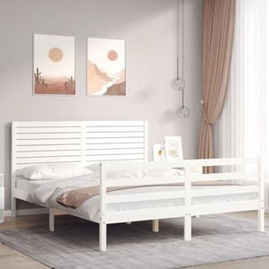 AJJHUUKI Bedden en accessoires Bedframe met hoofdeinde, wit, kingsize massief houten meubels