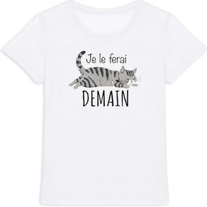 T-shirt Je Le Ferai Morgen – voor dames – bedrukt in Frankrijk – 100% biologisch katoen – cadeau voor grappige grappige dieren, Wit, XL