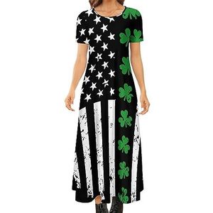 Ierse VS vlag klaver voor St. Patrick's Day dames zomer casual korte mouw maxi-jurk ronde hals bedrukte lange jurken S