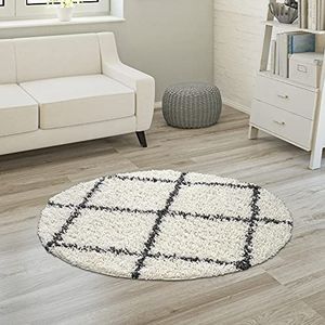 Hoogpolig tapijt, zachte shaggy voor de woonkamer in Scandinavische stijl met ruitmotief, Maat:Ø 200 cm rondje, Kleur:Crème