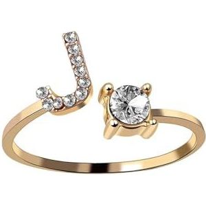 Damesmode 26 Initialen Ring Goud Stapelbaar Naam AZ Alfabet Ring Mode-sieraden Paar Cadeau (Color : Gold Color_J)
