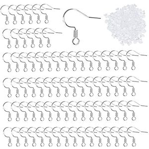 Oorbelhaken maken, set, 100 stuks 925 sterling zilver, oorhaken, verzilverde oorbellen, oorringen, haken, met 120 stuks transparante rubberen oorstoppers, voor doe-het-zelf sieraden maken, oorbellen, accessoires