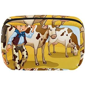 een Cowboy met twee koeien eten cosmetische rits zakje make-up tas reizen waterdichte toilettassen voor vrouwen, Meerkleurig, 17.5x7x10.5cm/6.9x4.1x2.8in