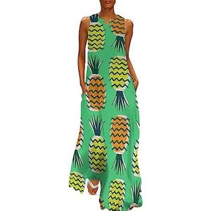 Pineapple Waves Damesjurk, enkellengte, slanke pasvorm, mouwloos, maxi-jurk, casual, zonnejurk, 2XL