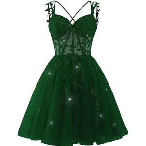 YIANN Kant Applique Tule Homecoming Jurken voor Tieners V-hals Backless Knielengte Cocktail Jurk Feestjurk, Emerald Groen, 32
