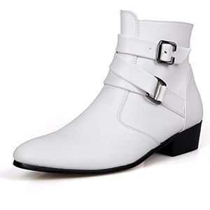 De nieuwe Men Chelsea Boots Duble Buckle Side Zip PU Slip On Wearable Waterproof Anti-slip Dress Slip On (Color : wit, Size : 45.5 EU)