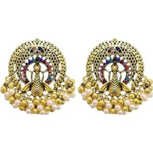 Boheemse zigeuner etnische retro Indiase oorbellen ronde gouden metalen holle pauw strass oorbellen Indiase sieraden (Color : Colorful_One size)