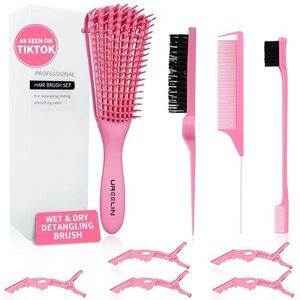 UREELIN Ontwarrende borstelset, ontklitter haarborstel met plagen en randborstel voor krullend Hiar, Rat Tail Comb Alligator Haarclips voor 3a tot 4c kinky