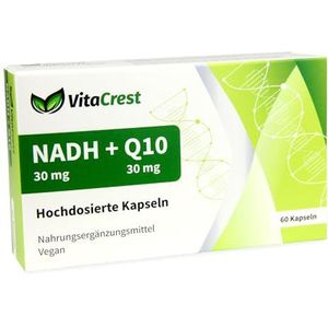 VitaCrest Zeer zuivere NADH + Q10 capsules, Duits product, veganistisch, hoge dosis en maagsapresistent, meer energie en concentratie